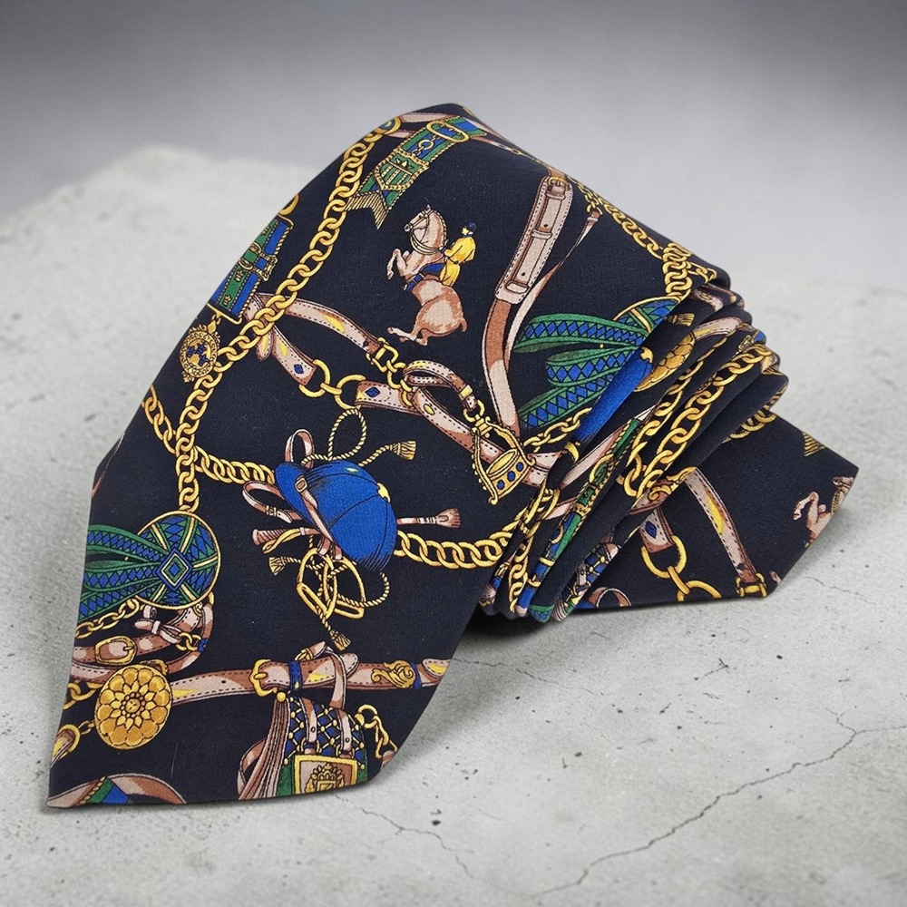 Paul Verlaine Mens Silk Tie Navy Blue Equestrian Horse Bit Chain Gold 57x4 Paris